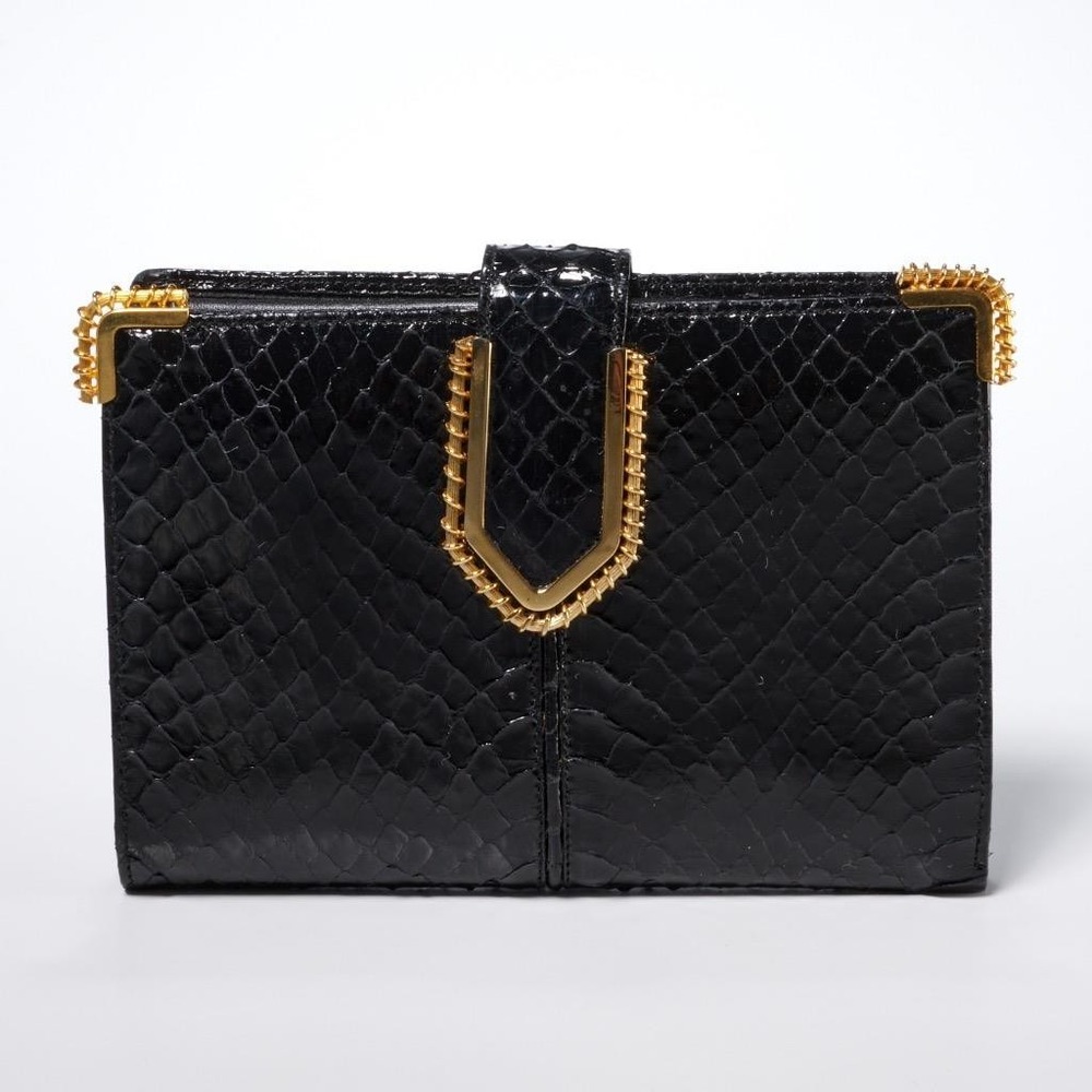 Judith Leiber Black Snakeskin Leather Ladies Tri-Fold Wallet Gold Tone Hardware